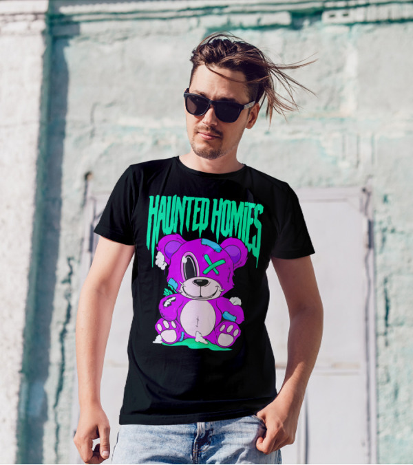 HAUNTED HOMIES Purple Teddy Bear Crossed Eye Patchwork T-Shirt