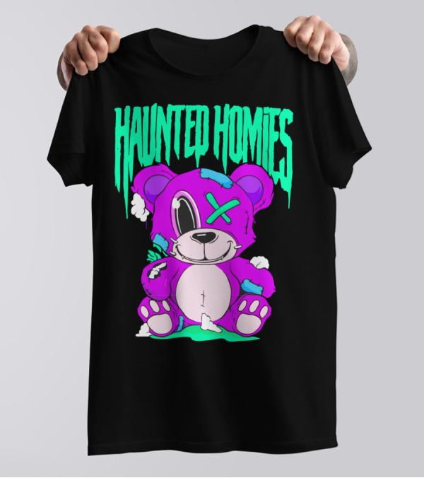 HAUNTED HOMIES Purple Teddy Bear Crossed Eye Patchwork T-Shirt