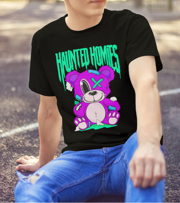 HAUNTED HOMIES Purple Teddy Bear Crossed Eye Patchwork T-Shirt