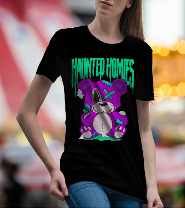 HAUNTED HOMIES Purple Teddy Bear Crossed Eye Patchwork T-Shirt