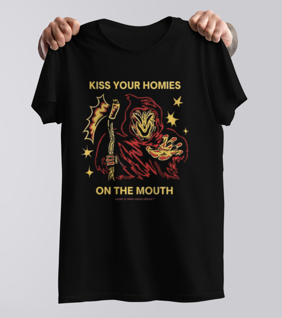 Wizard Of Barge Kiss Your Homies On The Mouth Grim Reaper With Scythe Red Cloak Stars T-Shirt