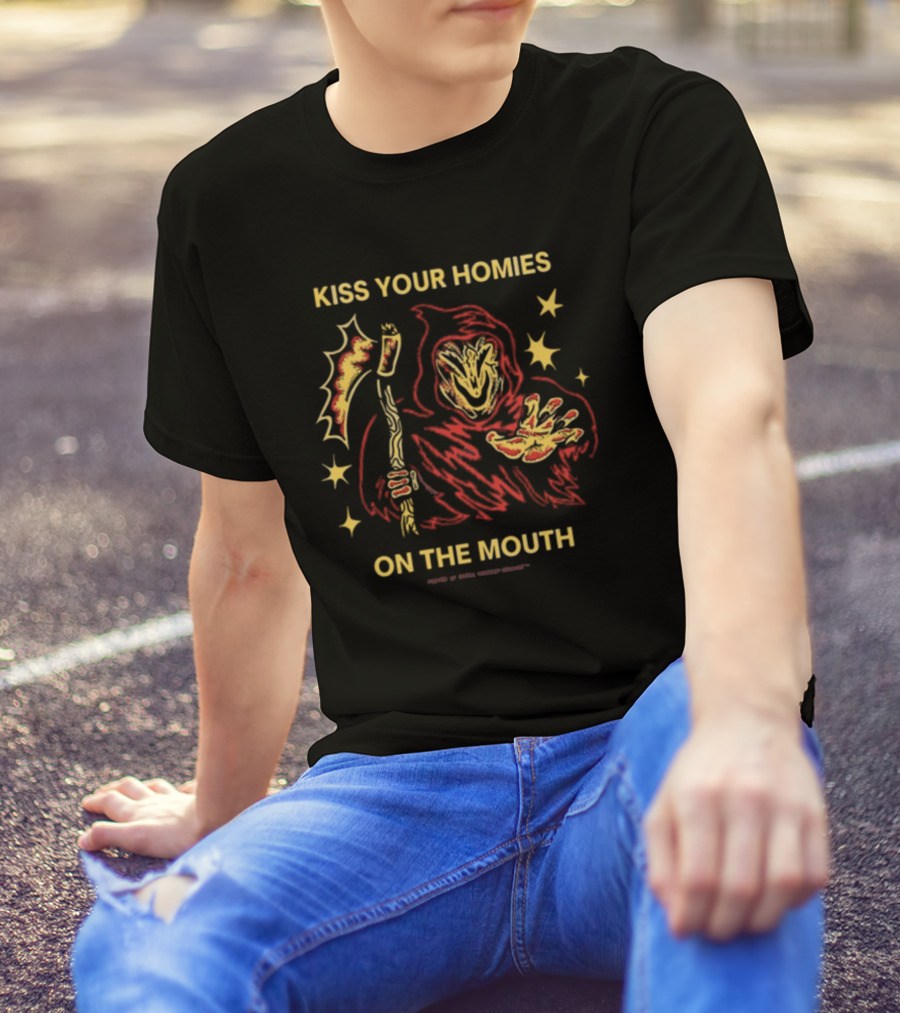 Wizard Of Barge Kiss Your Homies On The Mouth Grim Reaper With Scythe Red Cloak Stars T-Shirt