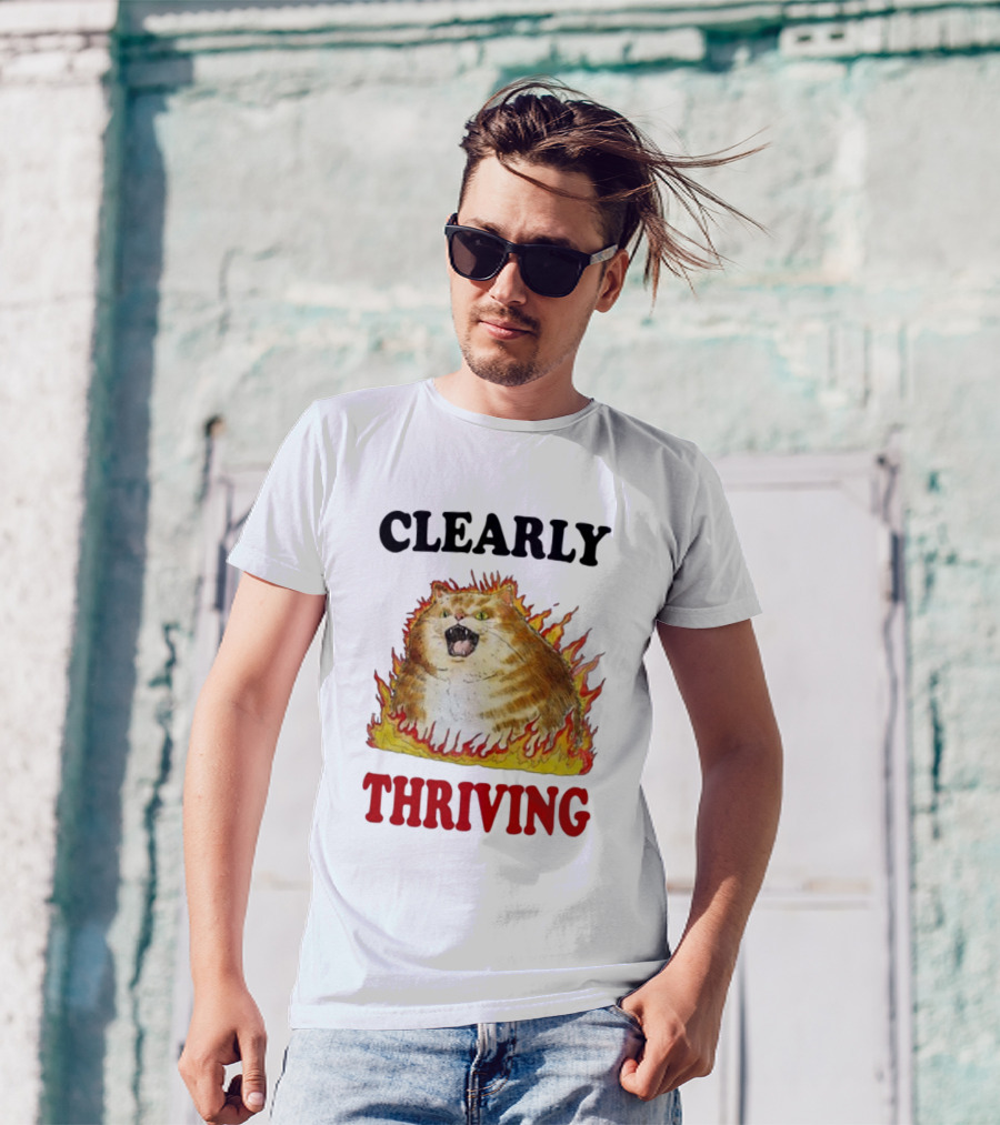 CLEARLY THRIVING Fluffy Cat In Flames T-Shirt