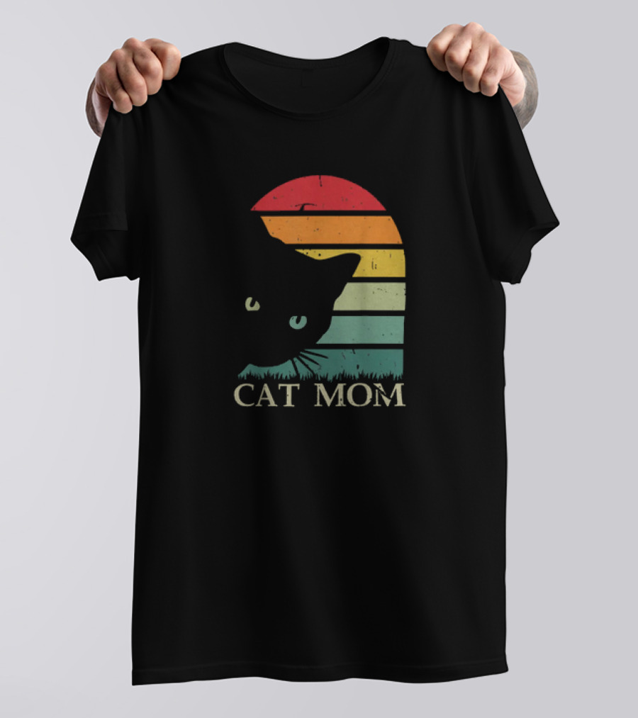 Vintage Cat Mom For Women Funny Cat Mom Mother Retro Sunset Cat T-Shirt