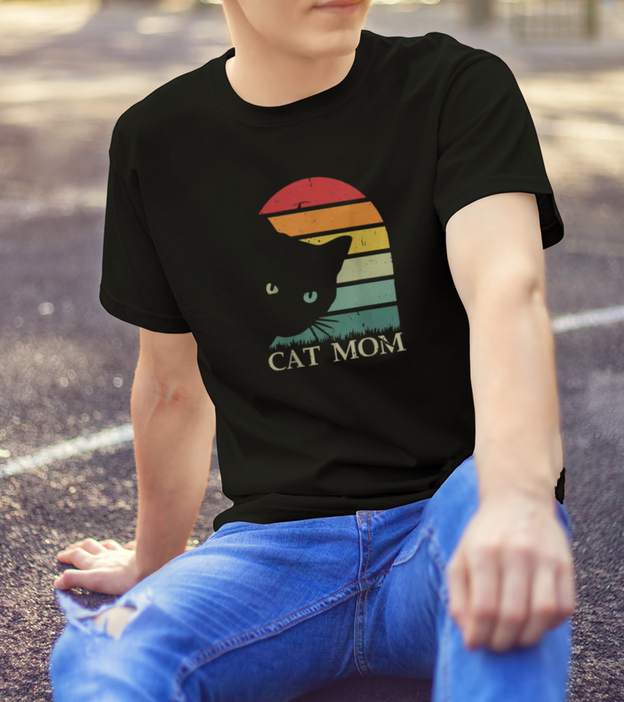 Vintage Cat Mom For Women Funny Cat Mom Mother Retro Sunset Cat T-Shirt