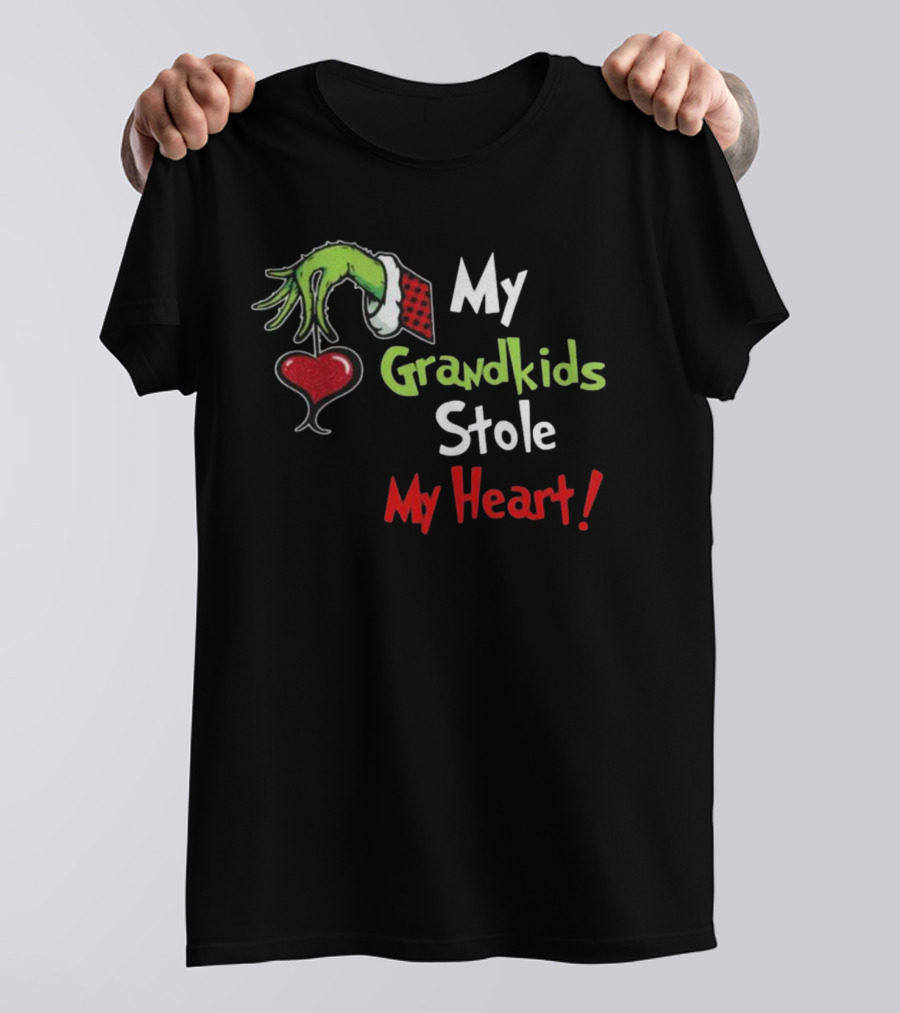 Grinch Green Monster Christmas My Grandkids Stole My Heart Kids Textured Sleeves T-Shirt