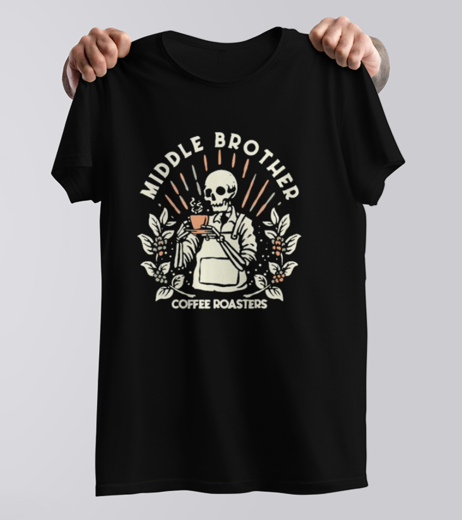 Middle Brother Coffee Roasters Skeleton Barista Holding Coffee Cup T-Shirt