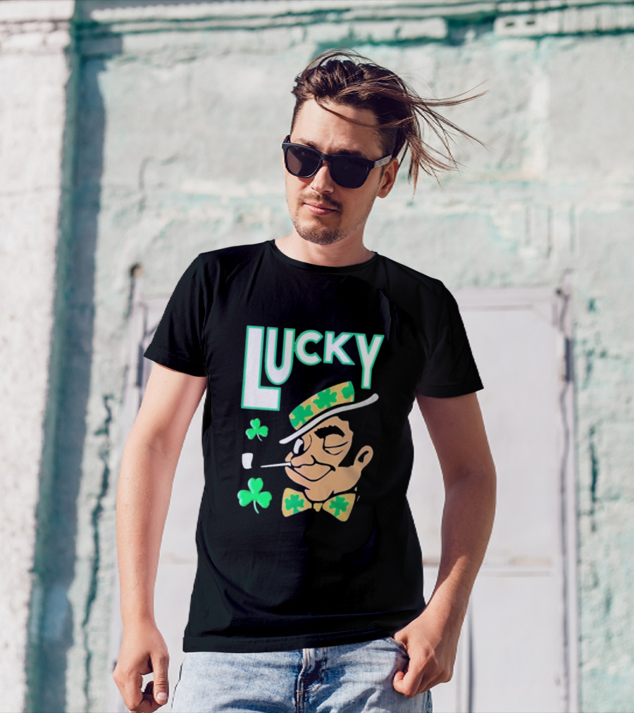 Boston Celtics Lucky The Leprechaun Shamrock Winking Pipe T-Shirt