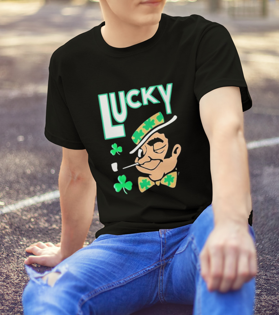 Boston Celtics Lucky The Leprechaun Shamrock Winking Pipe T-Shirt