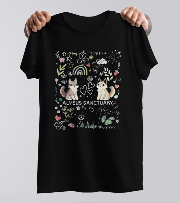 Alveus Sanctuary Wolf Doodle Rainbow Hearts Peace Signs Clouds Stars T-Shirt