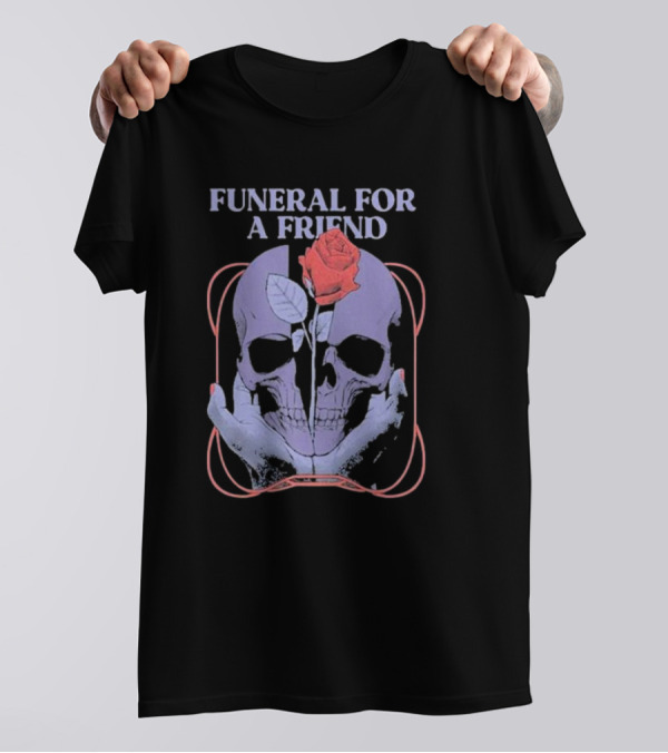 FUNERAL FOR A FRIEND SKULL ROSE DOUBLE HAND HOLDING SYMBOLISM T-Shirt