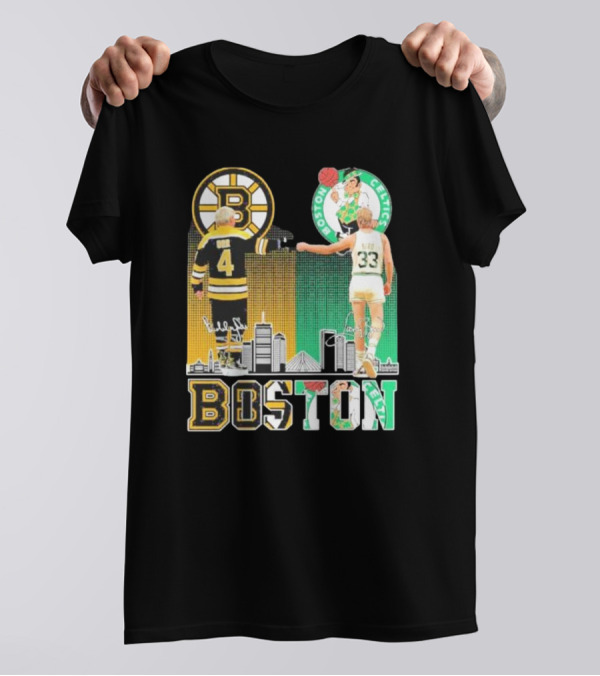 Bobby Orr Boston Bruins Larry Bird Boston Celtics Skyline Signatures Logos And Boston Text T-Shirt