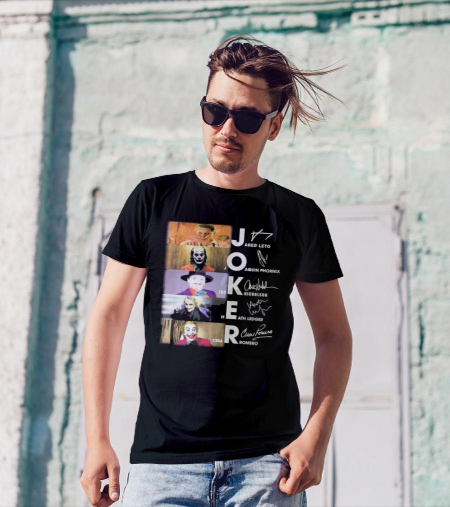 Joker Jared Leto Joaquin Phoenix Jack Nicholson Heath Ledger Cesar Romero Signatures DC Comics Movies All Stars Eras T-Shirt
