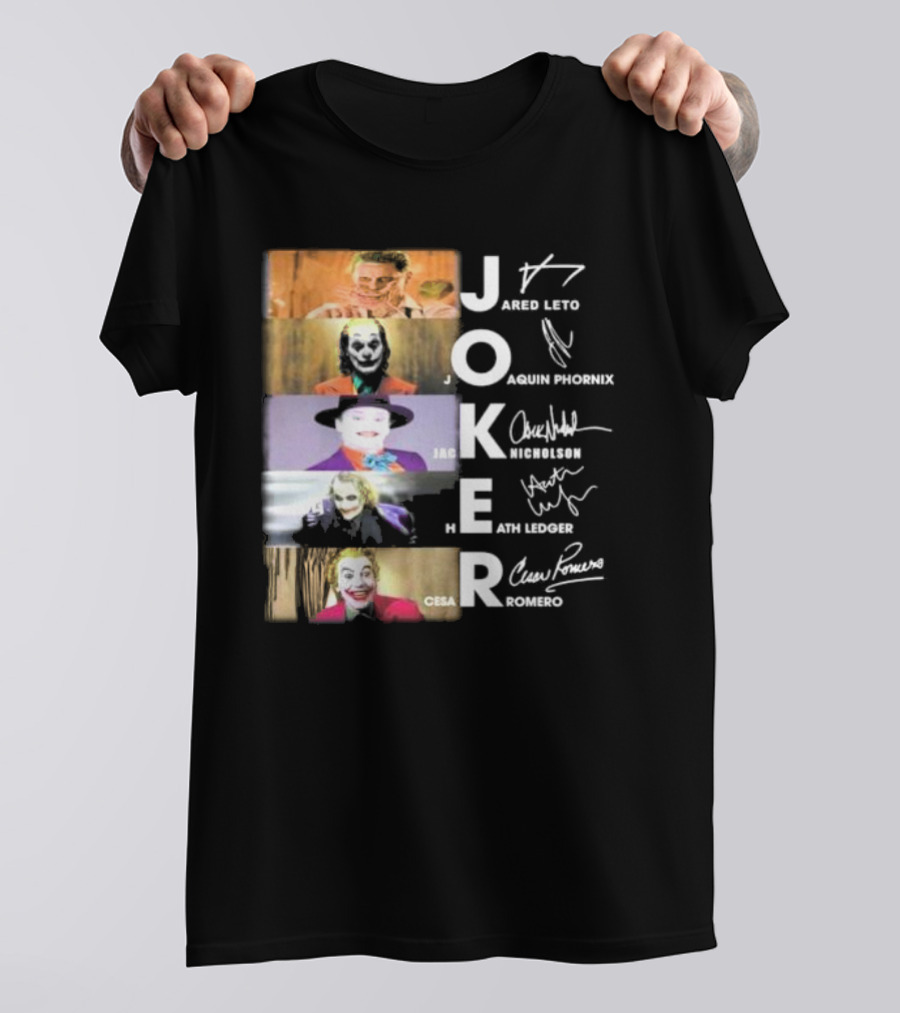 Joker Jared Leto Joaquin Phoenix Jack Nicholson Heath Ledger Cesar Romero Signatures DC Comics Movies All Stars Eras T-Shirt