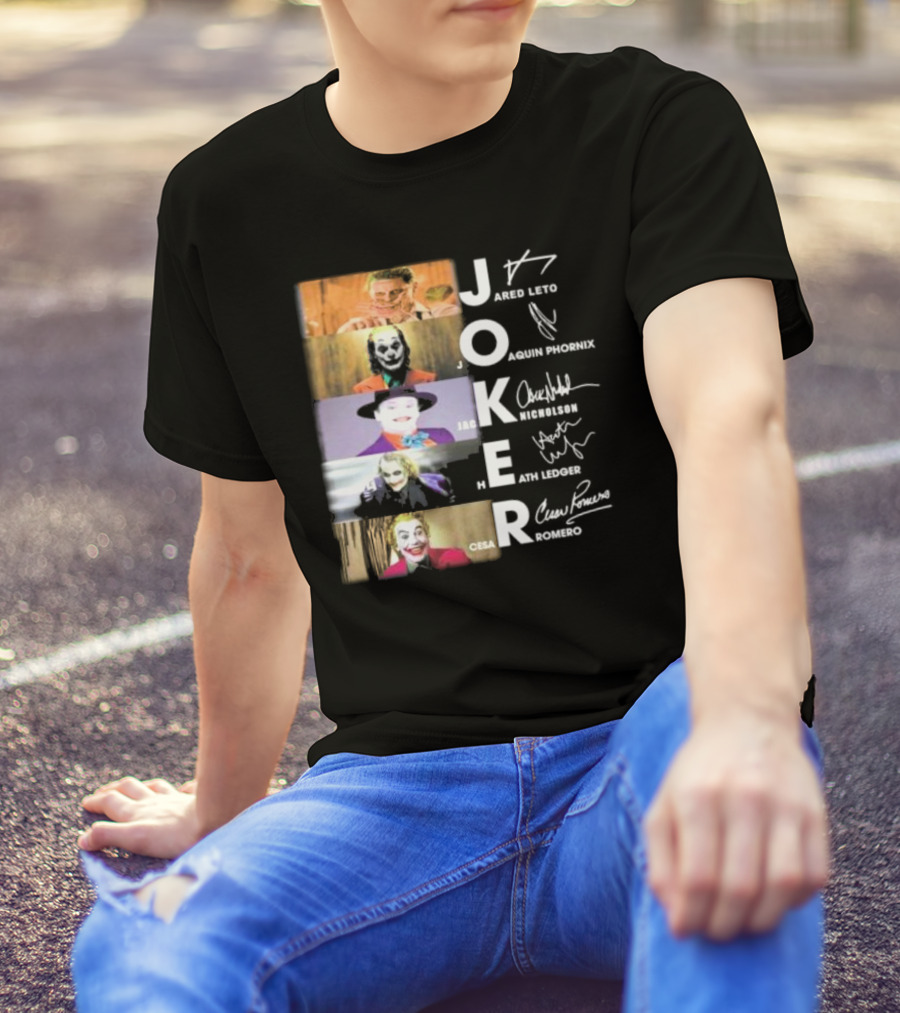 Joker Jared Leto Joaquin Phoenix Jack Nicholson Heath Ledger Cesar Romero Signatures DC Comics Movies All Stars Eras T-Shirt