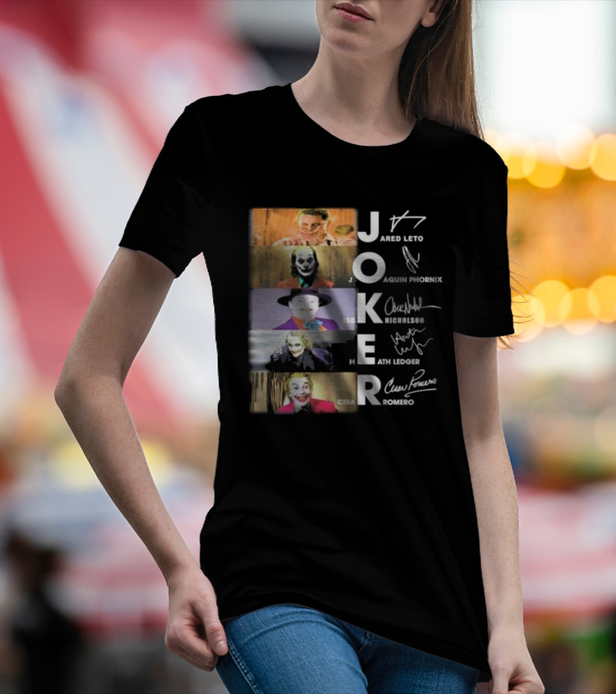 Joker Jared Leto Joaquin Phoenix Jack Nicholson Heath Ledger Cesar Romero Signatures DC Comics Movies All Stars Eras T-Shirt