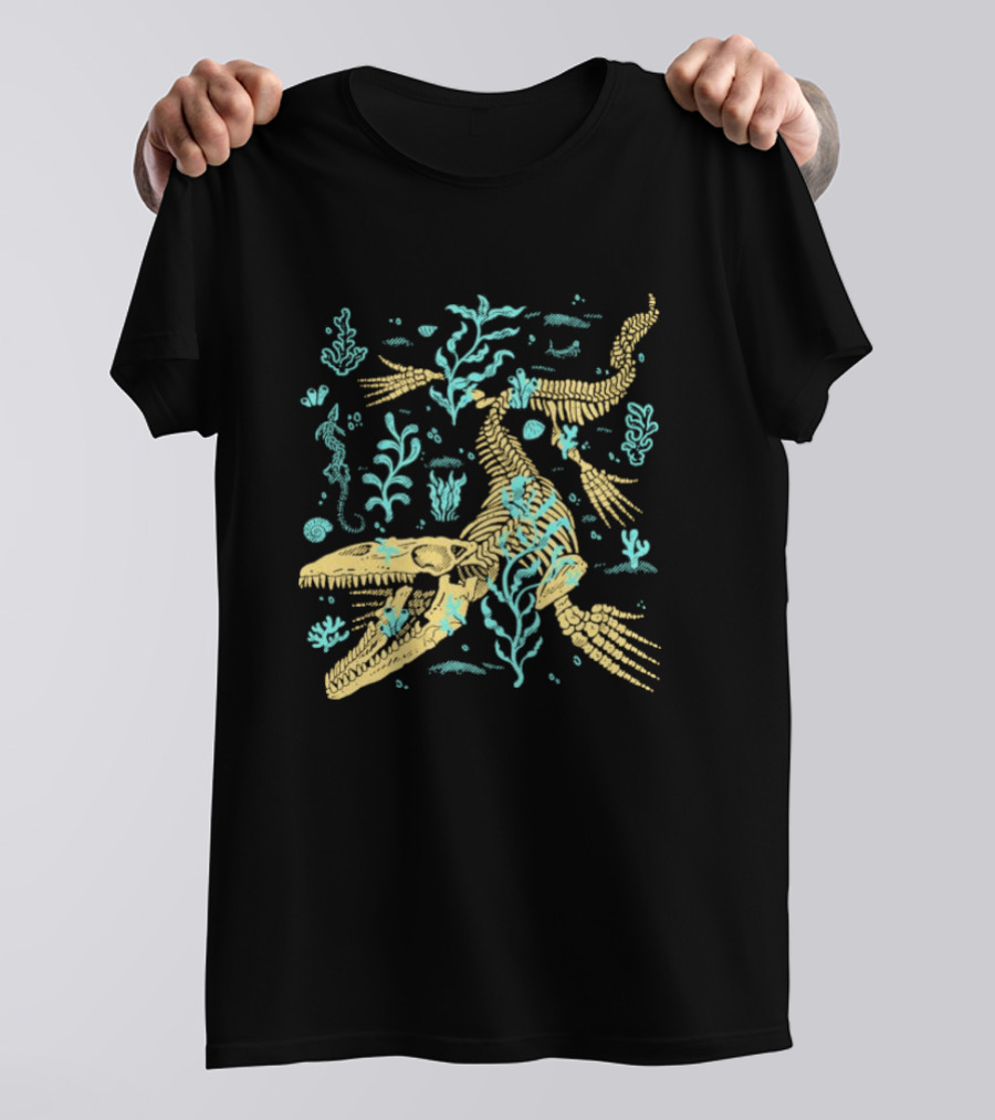 Mosasaurus Fossils Fitas Underwater Skeleton And Seaweed Scene T-Shirt