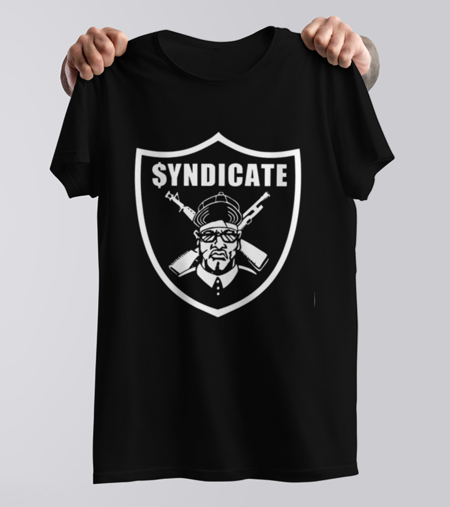 Rhyme Syndicate Shield Logo With Hip-Hop Icon And Crossed Guns T-Shirt