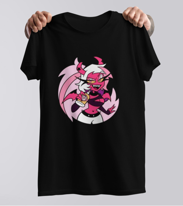 Party Verosika Enamel Pin Cartoon Demon Character With Drink T-Shirt