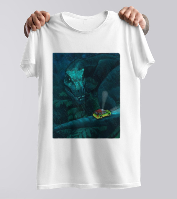 Jurassic Park T-Rex And SUV Night Scene Rainy Adventure T-Shirt