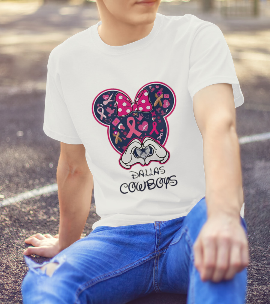 Minnie Mouse Pink Ribbon Heart Hands Dallas Cowboys Breast Cancer Awareness T-Shirt