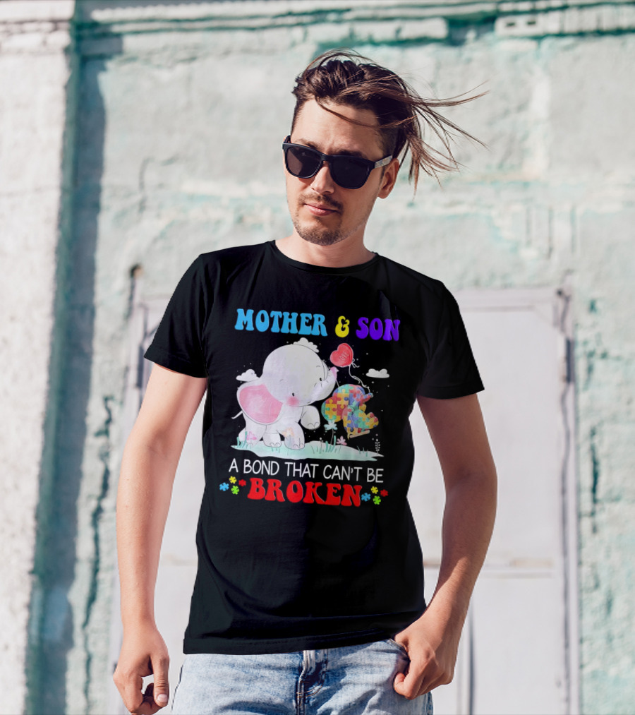 Mother And Son Elephants Autism Puzzle Heart A Bond That Can't Be Broken T-Shirt