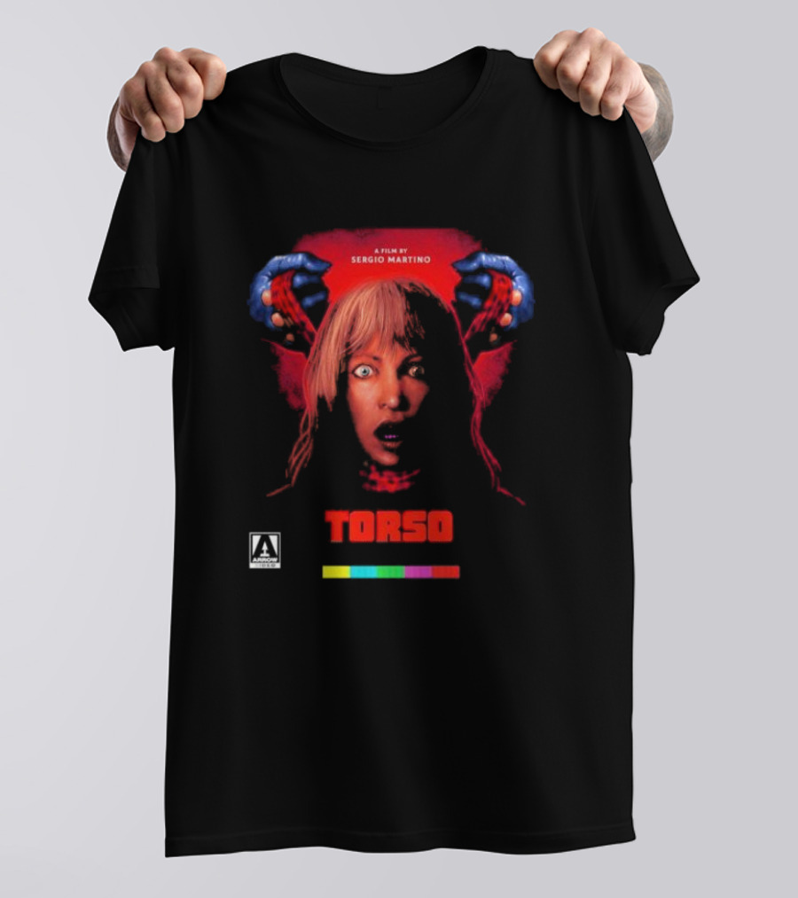 A Film By Sergio Martino Torso Horror Classic With Frightened Woman And Hands In Red And Blue T-Shirt