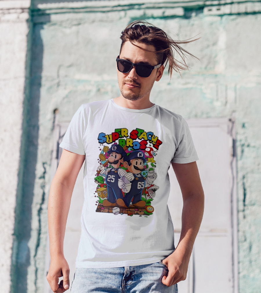 Super Stache Bros Numbers 25 And 65 Baseball Mario T-Shirt