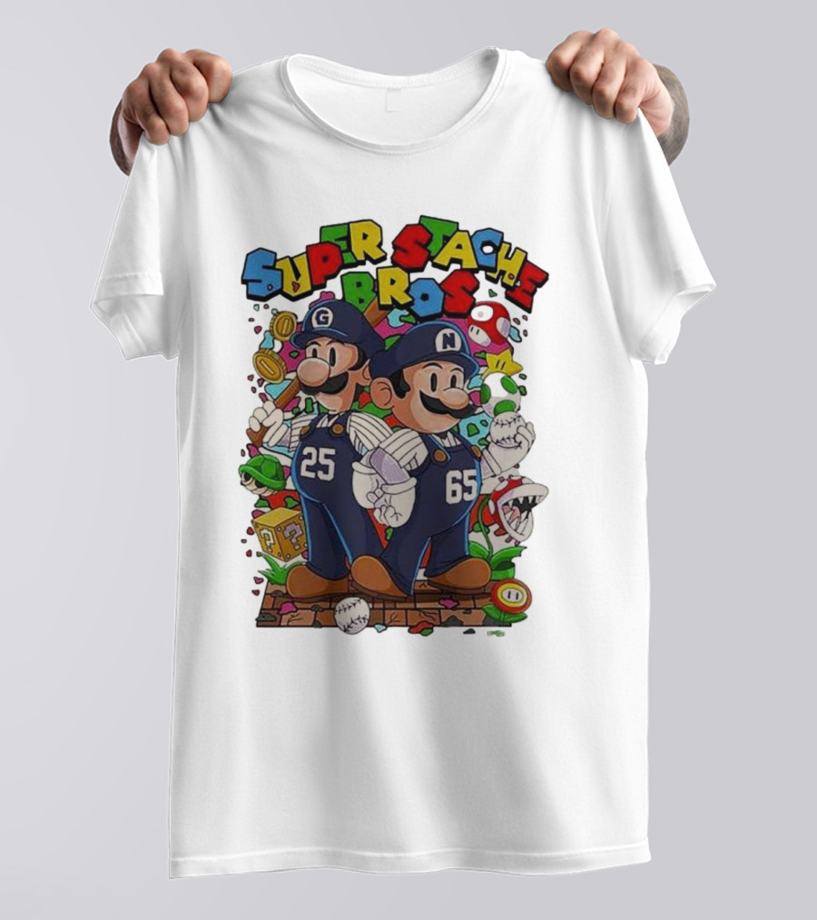 Super Stache Bros Numbers 25 And 65 Baseball Mario T-Shirt