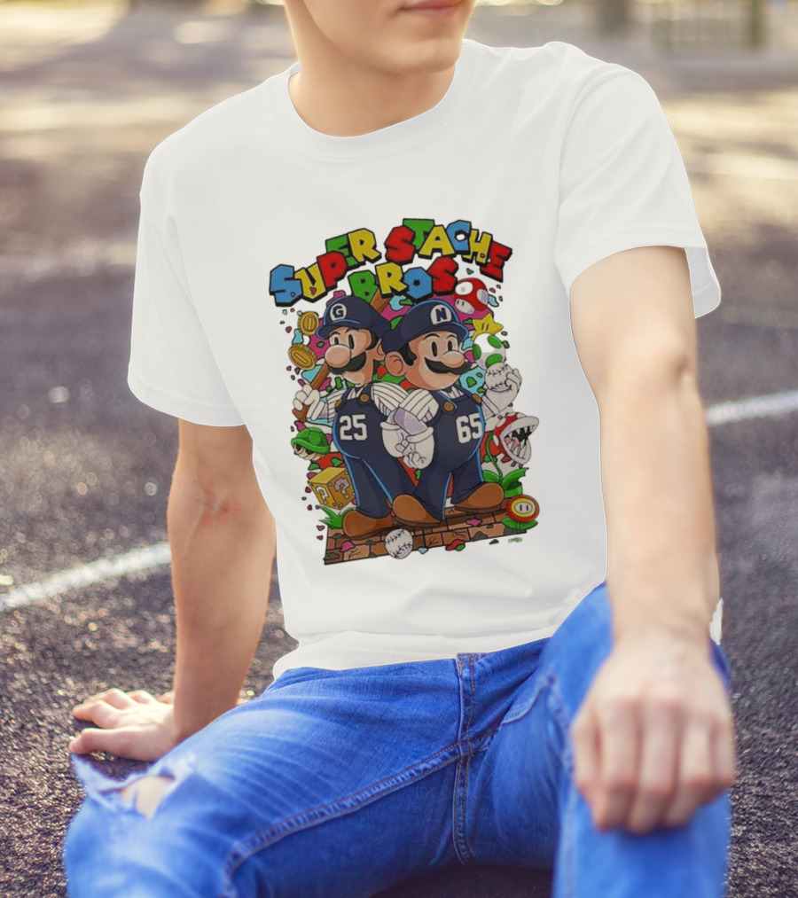 Super Stache Bros Numbers 25 And 65 Baseball Mario T-Shirt
