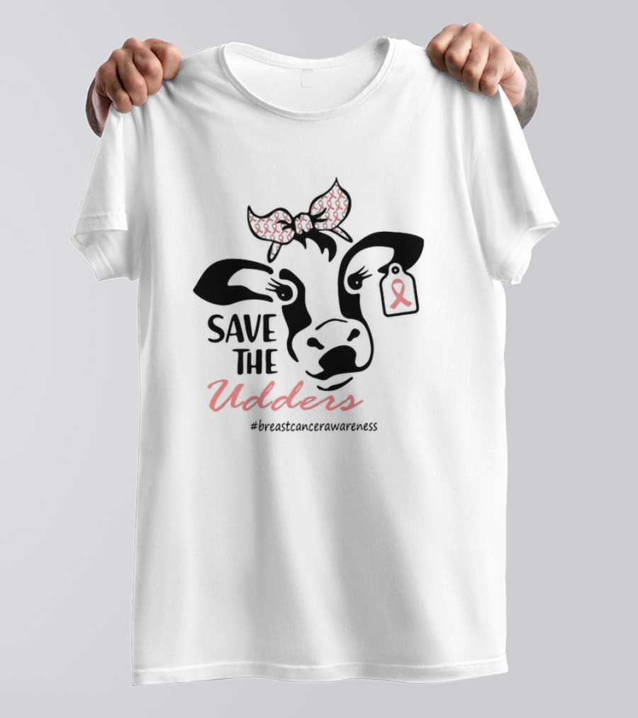 Cow Save The Udders Breast Cancer Awareness Ribbon Bow #breastcancerawareness T-Shirt