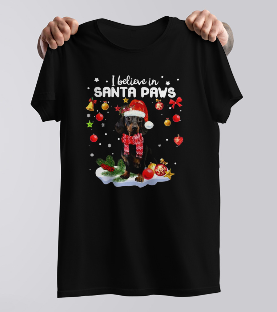 I Believe In Santa Paws Dachshund Merry Christmas T-Shirt