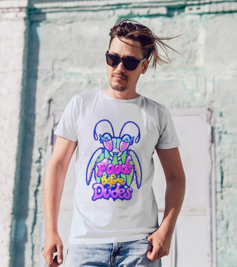 Mantis Neon Foods Before Dudes Colorful Insect Motif T-Shirt