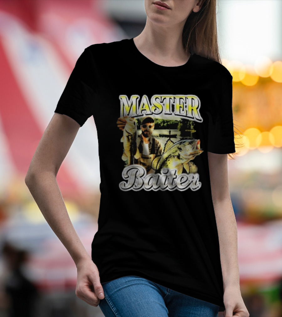 MASTER BAITER Fisherman Holding Fish In Lake Scene T-Shirt