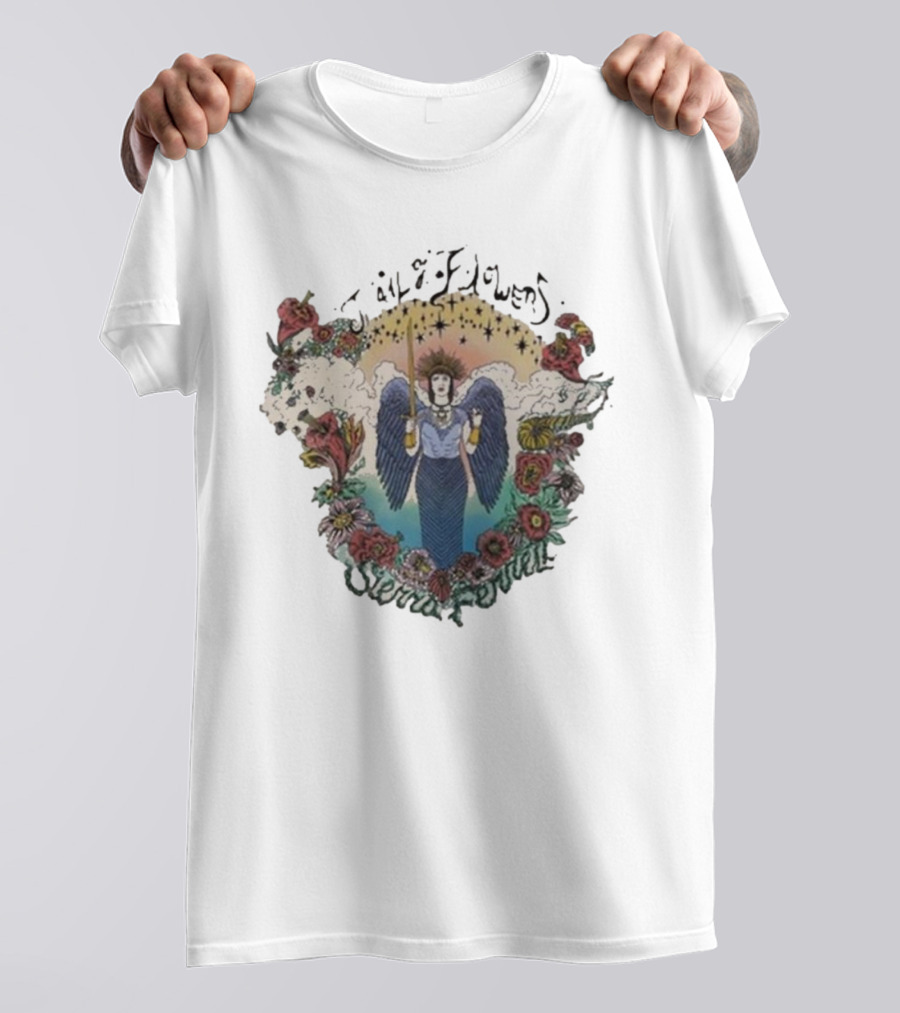 Sierra Ferrell Trail Of Flowers Angelic Winged Figure Surrounded By Floral Frame T-Shirt