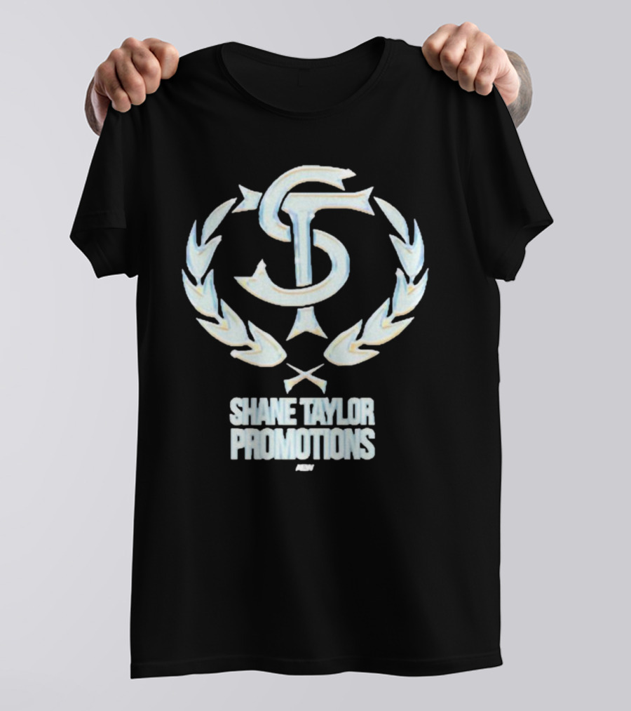 Shane Taylor Promotions ST Logo With Wreath Symbol Above AEW Text T-Shirt
