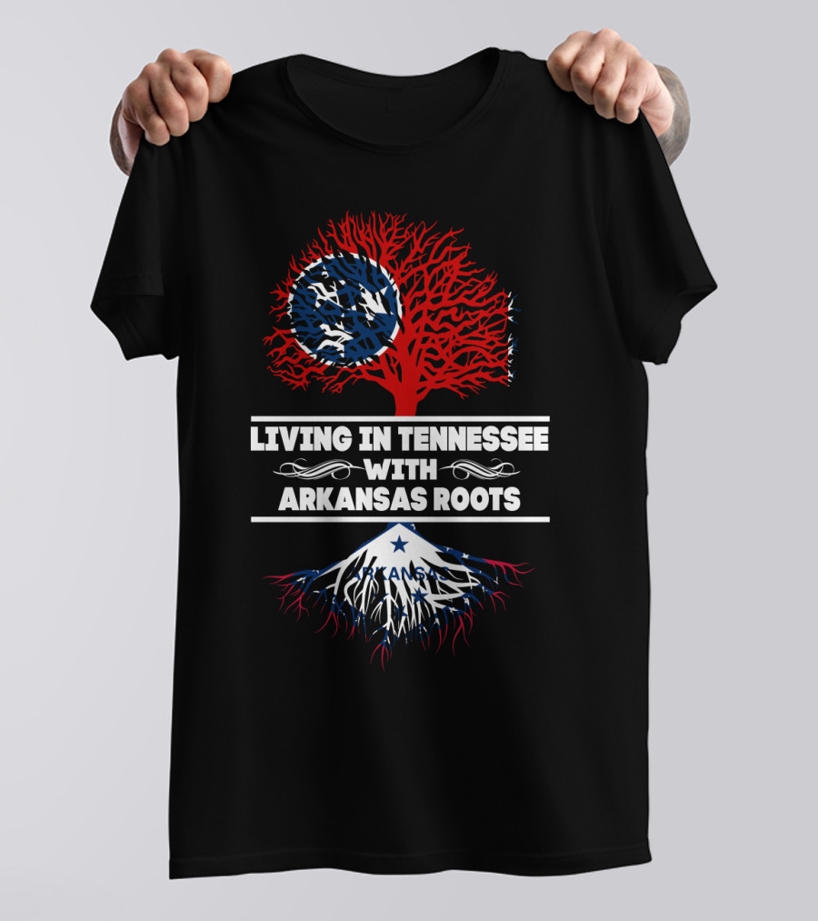 Tennessee Living With Arkansas Roots Red Tree Blue Roots Flag Motif T-Shirt