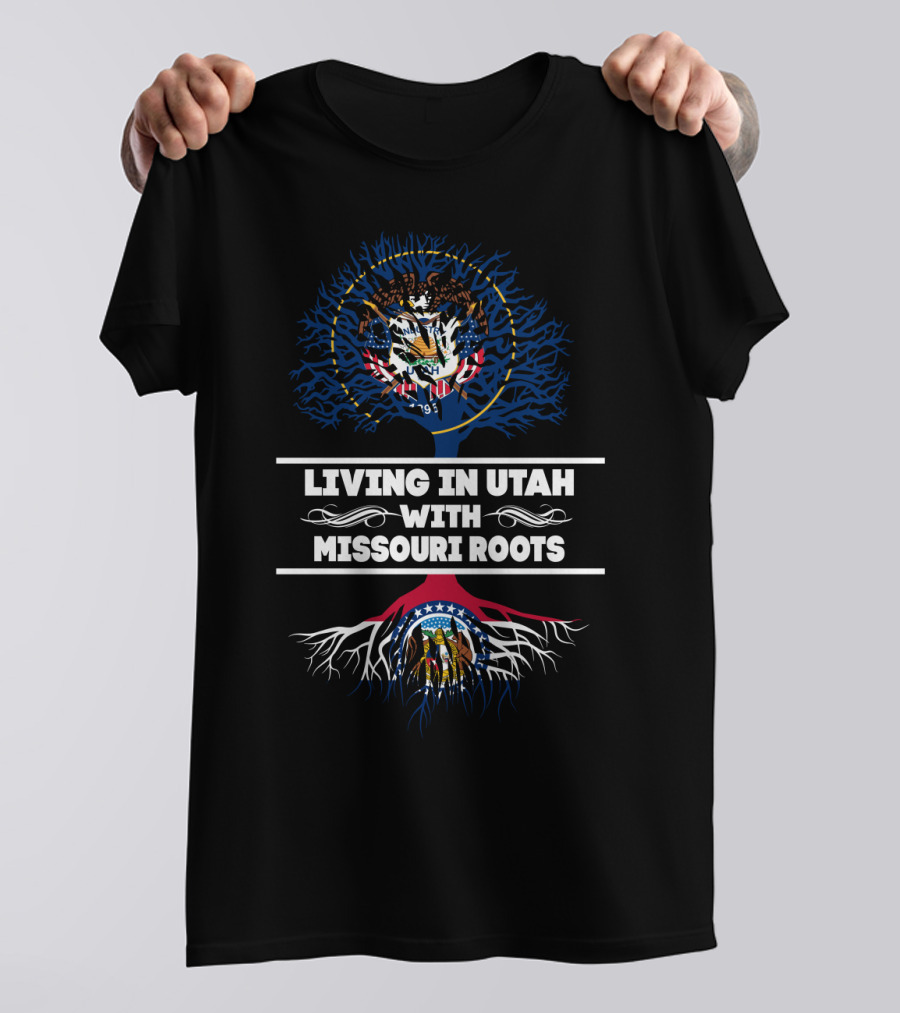 Utah And Missouri State Flags With Intertwined Roots Displayed In Living In Utah With Missouri Roots T-Shirt