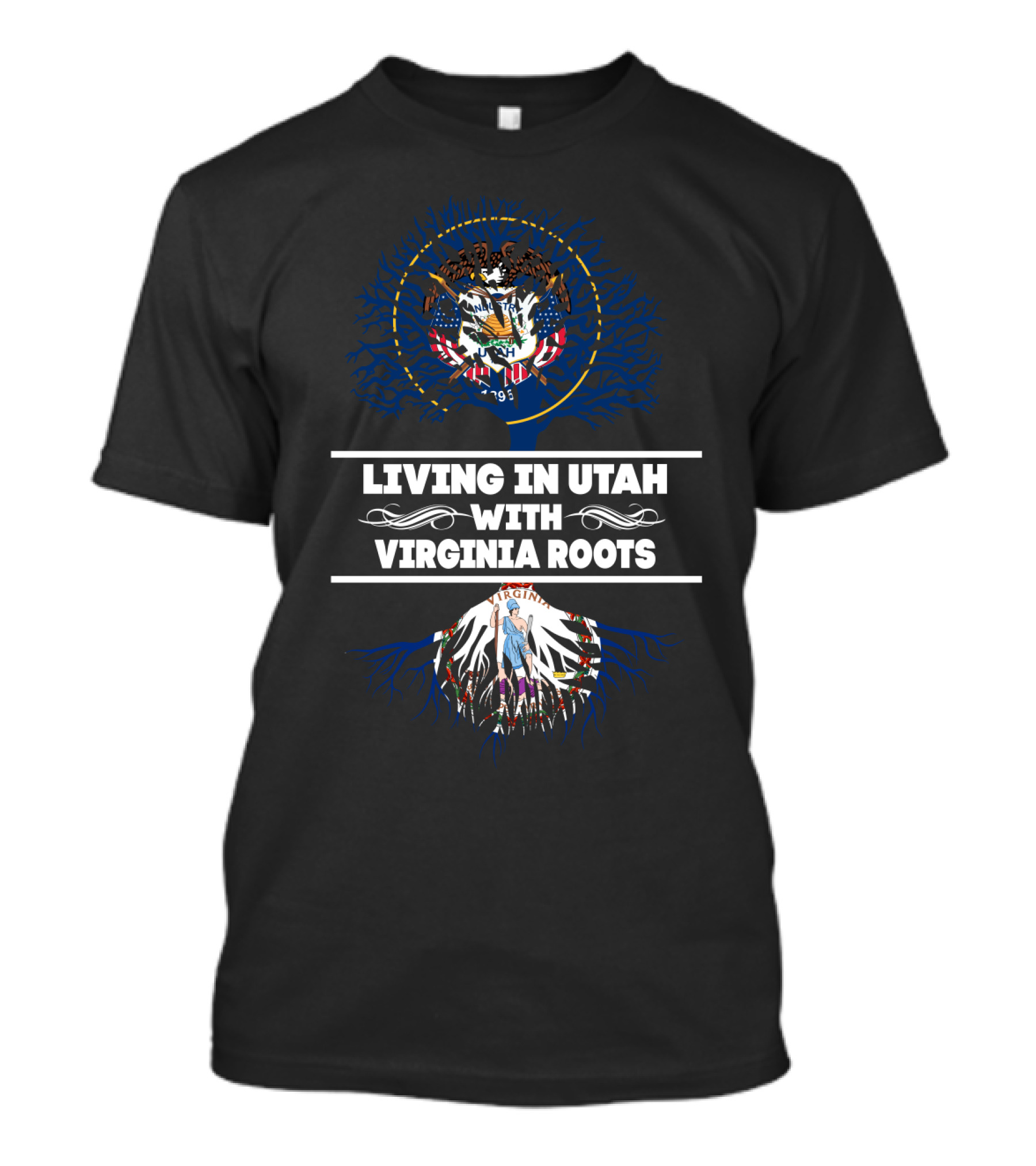 Utah Life Embracing Virginia Heritage With State Seals And Tree Roots T-Shirt