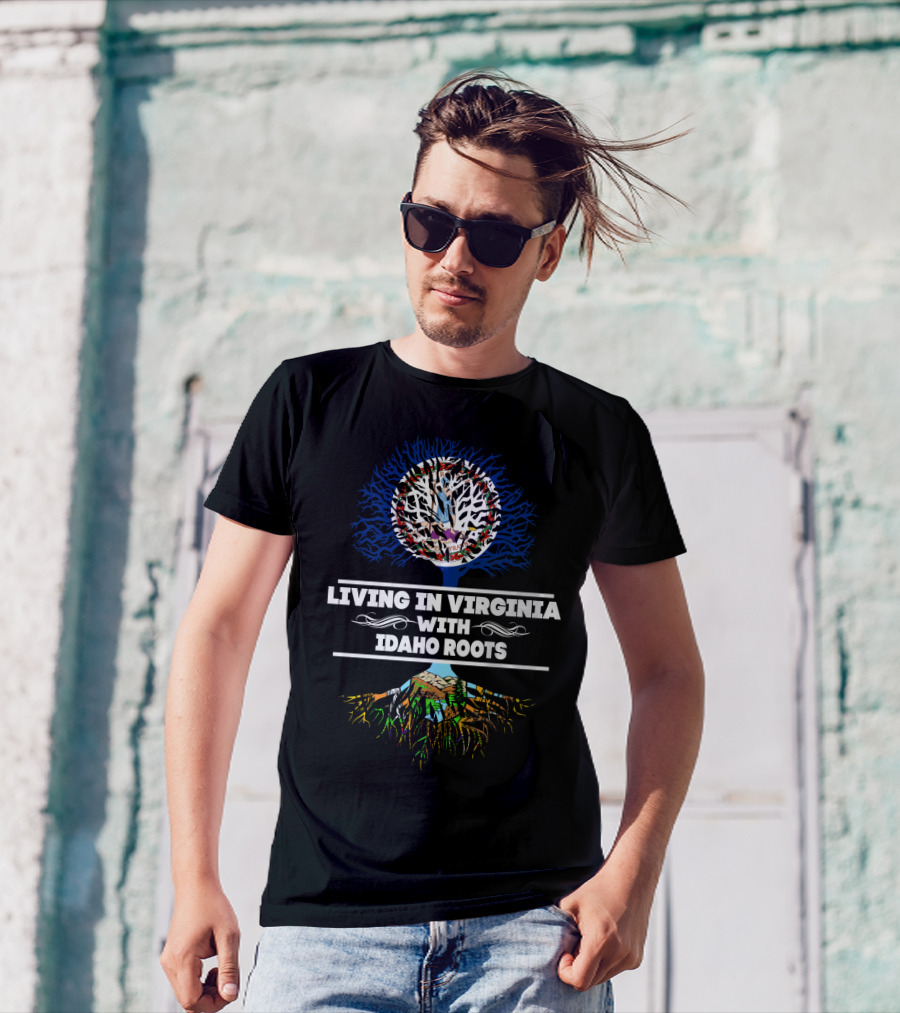Living In Virginia With Idaho Roots Tree Art With State Pride Elements T-Shirt