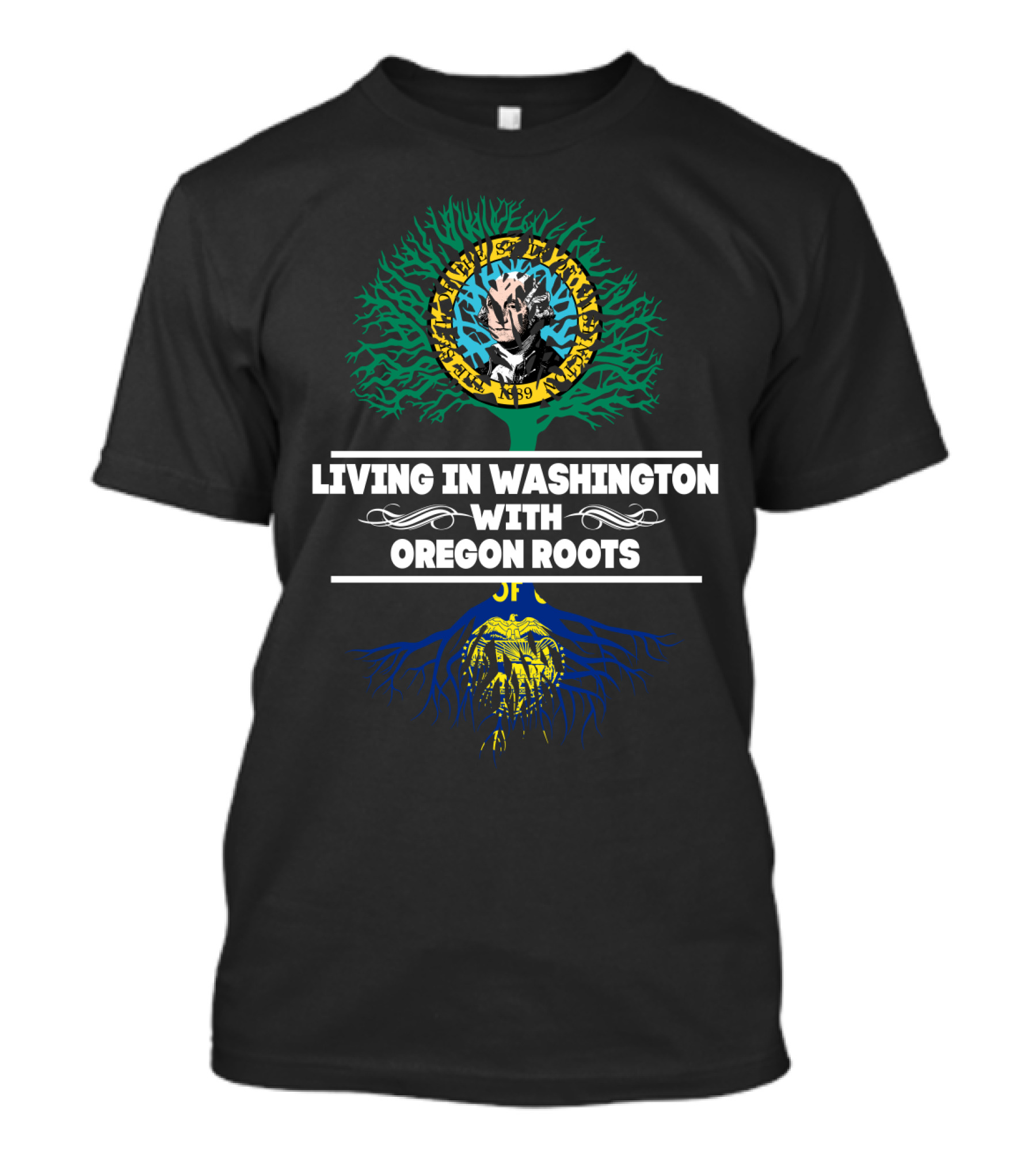 Living In Washington With Oregon Roots Tree Design Featuring Seattle And Oregon Symbols T-Shirt