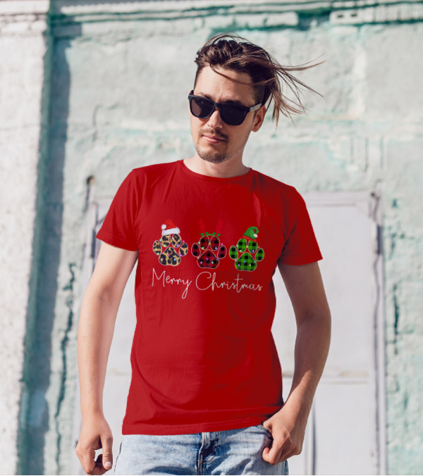 Merry Christmas Plaid Leopard Paw Santa Hat Reindeer Antlers Green Elf Hat T-Shirt