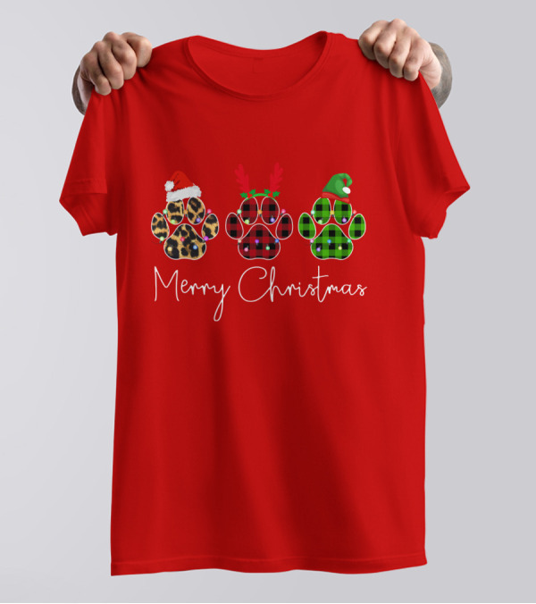 Merry Christmas Plaid Leopard Paw Santa Hat Reindeer Antlers Green Elf Hat T-Shirt