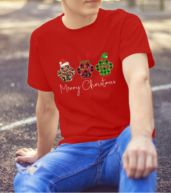 Merry Christmas Plaid Leopard Paw Santa Hat Reindeer Antlers Green Elf Hat T-Shirt
