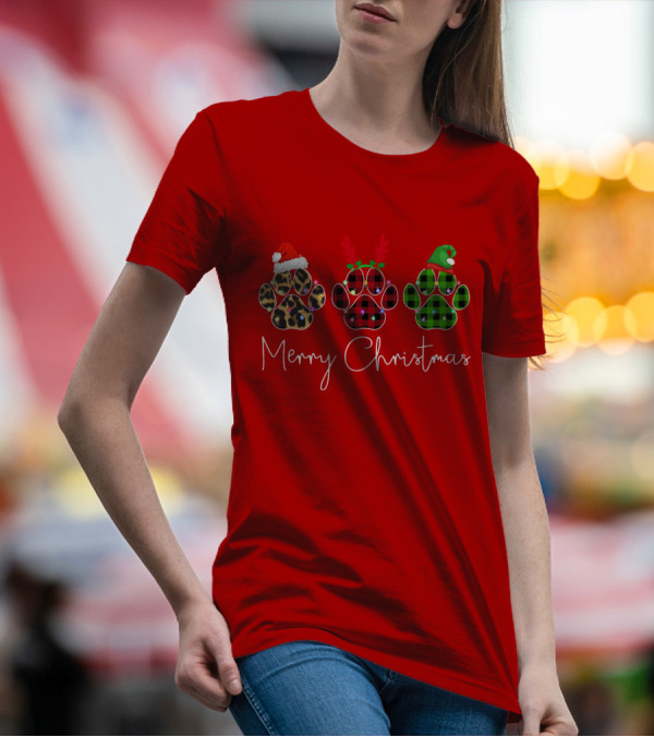 Merry Christmas Plaid Leopard Paw Santa Hat Reindeer Antlers Green Elf Hat T-Shirt