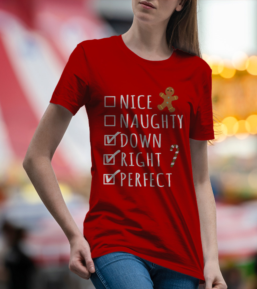 Nice Naughty Down Right Perfect Gingerbread Candy Cane Holiday Checklist T-Shirt