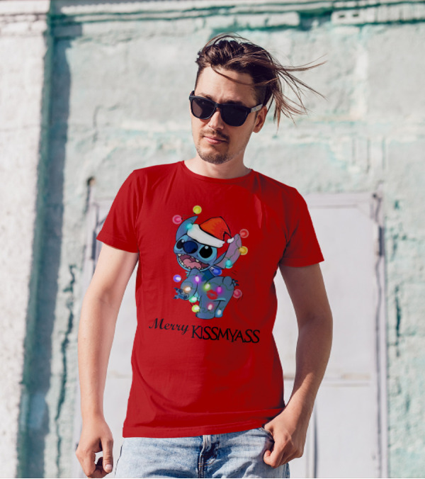 Merry Kissmyass Christmas Stitch Santa Hat Lights T-Shirt