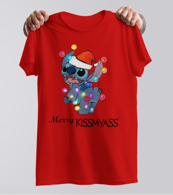 Merry Kissmyass Christmas Stitch Santa Hat Lights T-Shirt