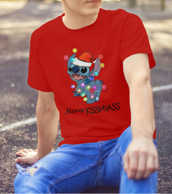 Merry Kissmyass Christmas Stitch Santa Hat Lights T-Shirt