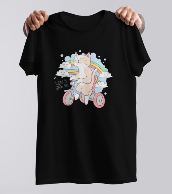 Cat On Bicycle With Rainbow Clouds And Positive Message Today Is Great Day T-Shirt